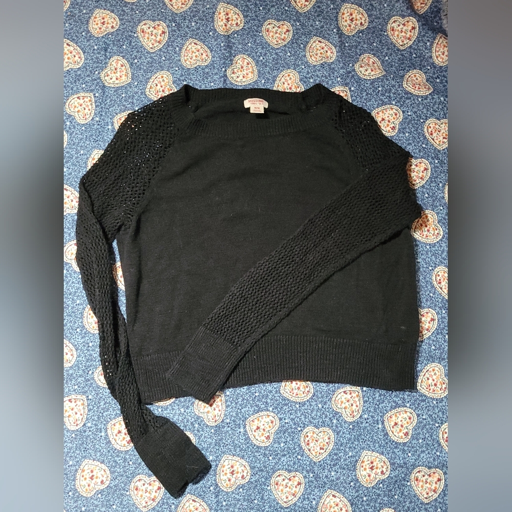 mossimo black cropped sweater with open knit sleeves